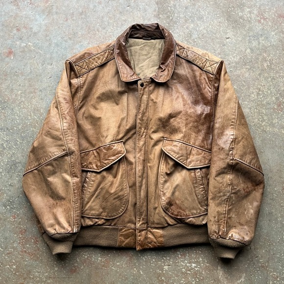 VTG Hunt Club Vintage Distressed Brown Leather Bomber Aviator Jacket Mens Large - Picture 1 of 13